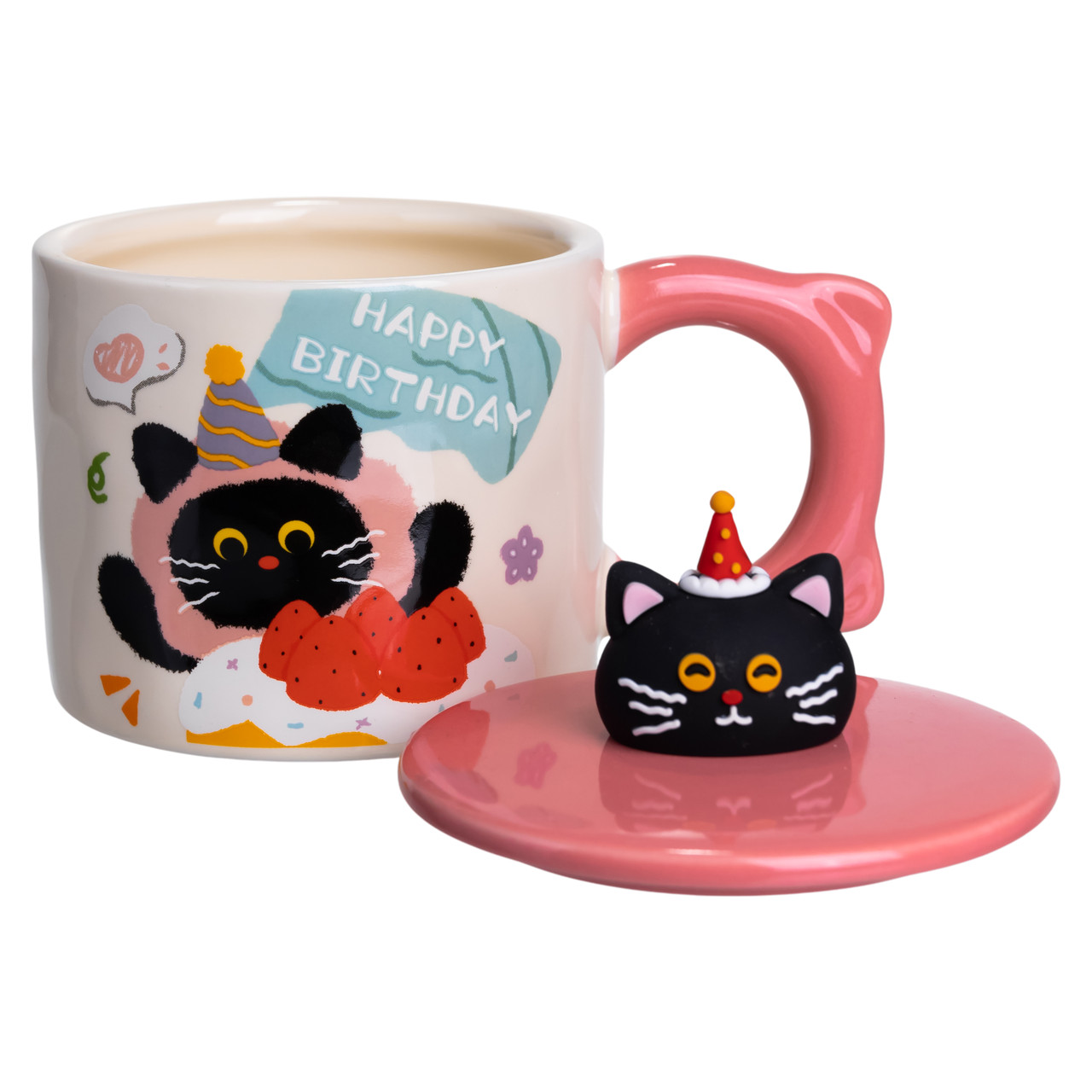 Кубок порцелянова з кришкою Kitten's Birthday 400 (мл) подарункова кружка прикольна чашка для дітей на подарунок Рожевий FM-24C