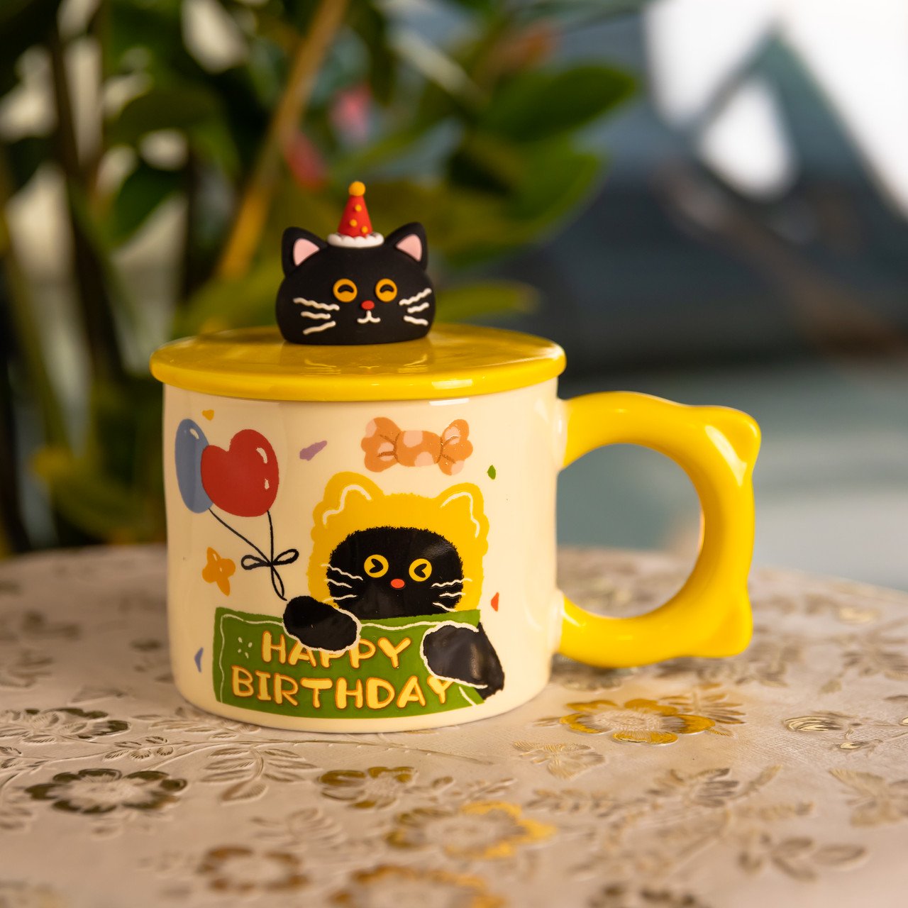 Чашка порцелянова з кришкою Kitten&apos;s Birthday 400 (мл) подарункова кружка прикольна чашка для дітей на подарунок Жовтий FM-24B