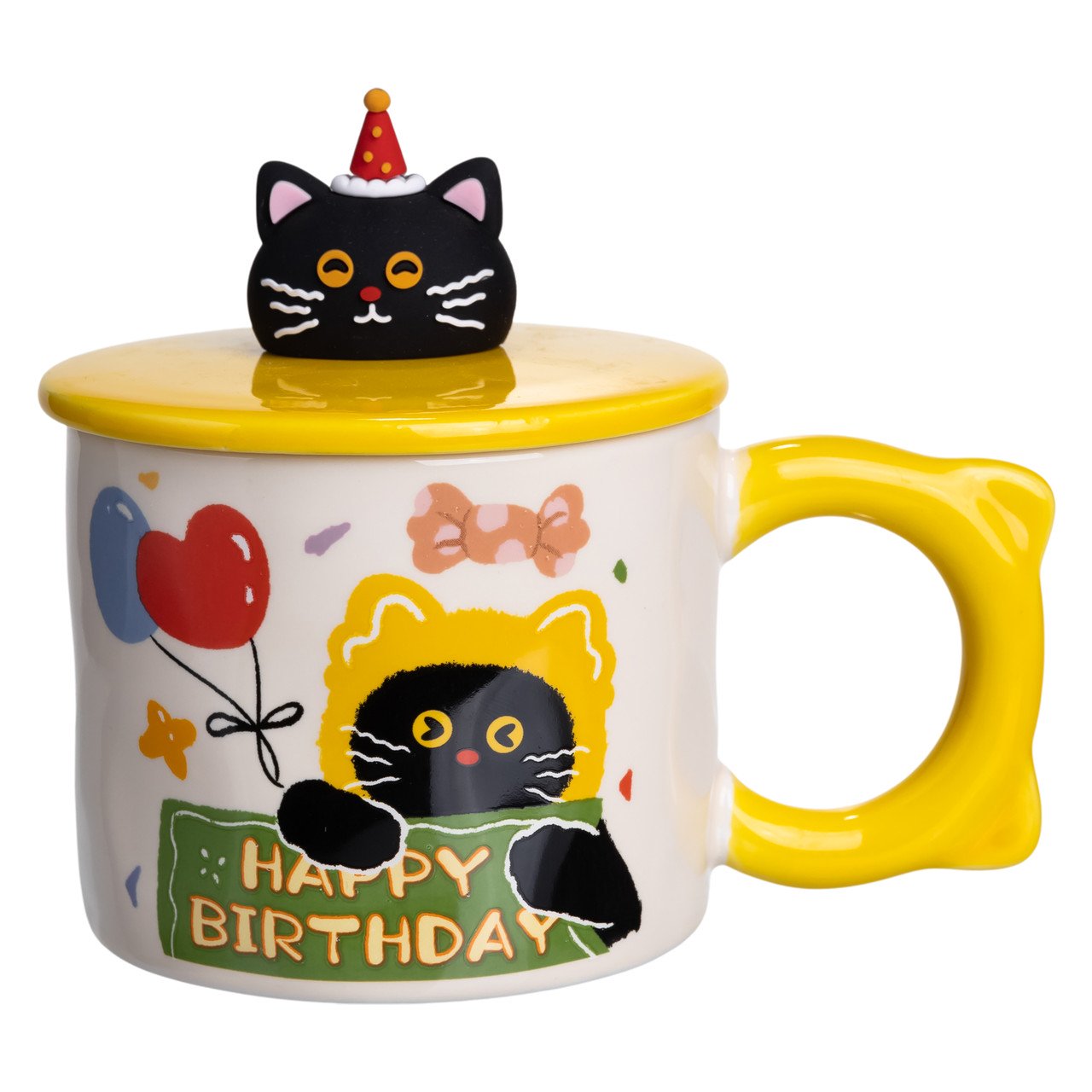 Чашка порцелянова з кришкою Kitten&apos;s Birthday 400 (мл) подарункова кружка прикольна чашка для дітей на подарунок Жовтий FM-24B