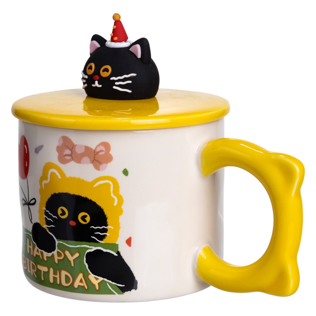 Чашка порцелянова з кришкою Kitten&apos;s Birthday 400 (мл) подарункова кружка прикольна чашка для дітей на подарунок Жовтий FM-24B