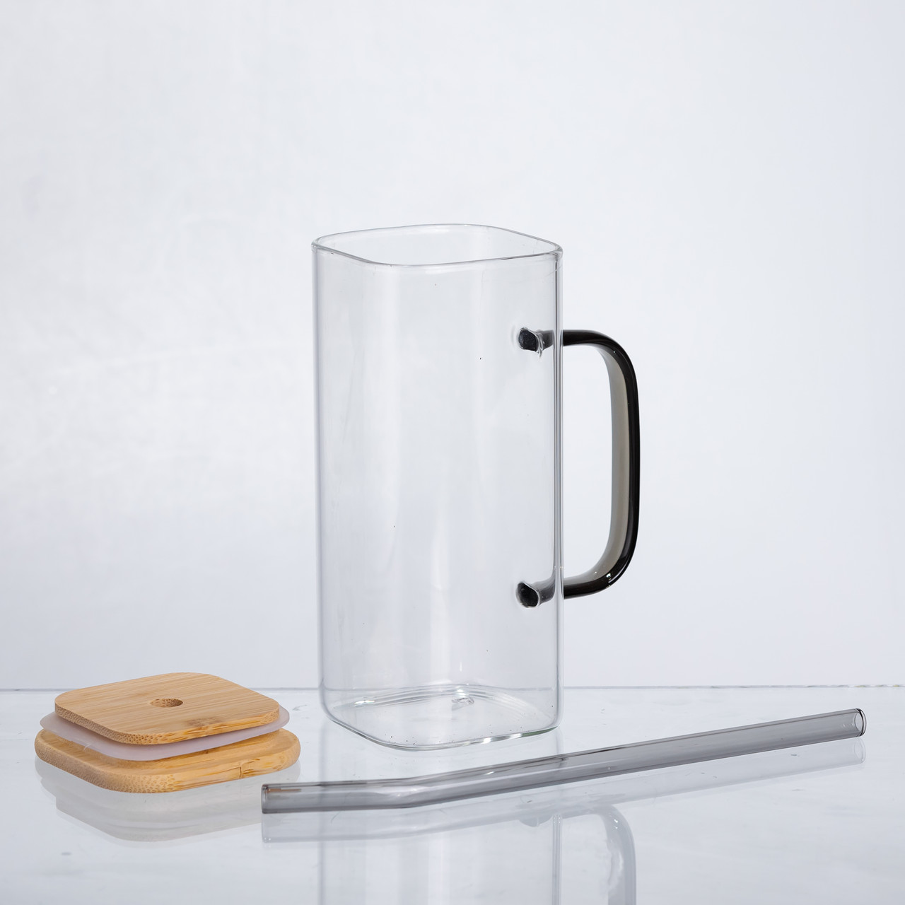 Чашка скляна 400 мл з бамбуковою кришкою та скляною трубочкою HP-19-146