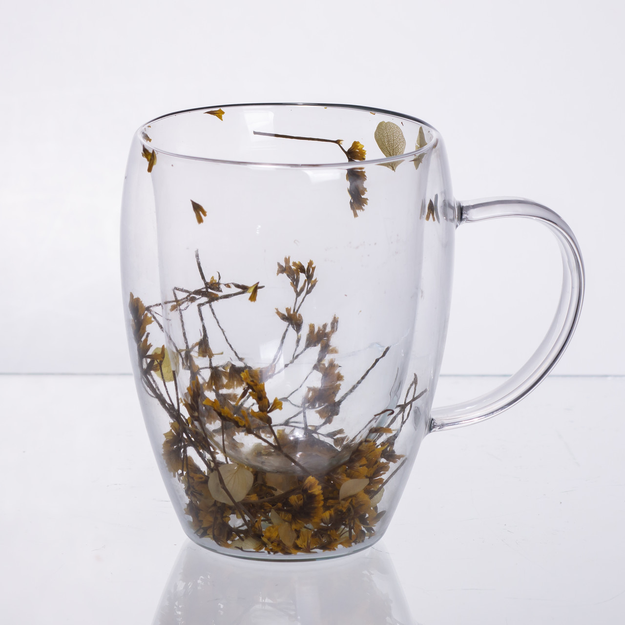 Чашка скляна з подвійними стінками, склянка з термостійкого скла з декором жовтих сухоцвітів 350 мл 64486-43