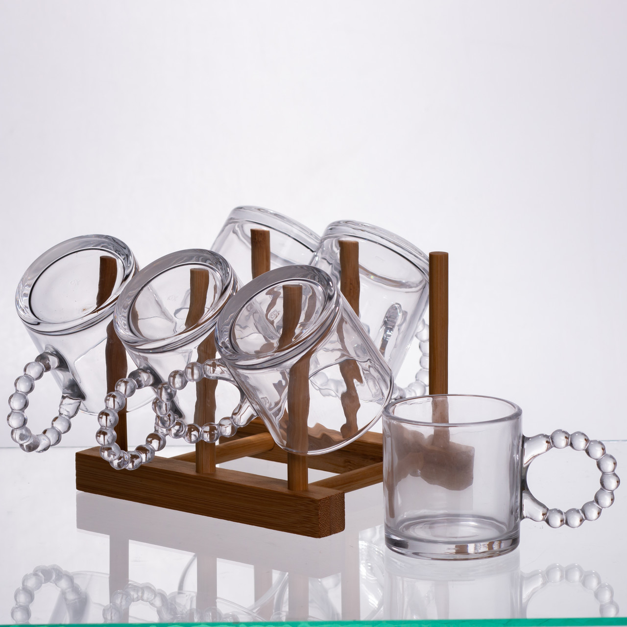 Чайний сервіз із товстого скла 8 предметів з бамбуковою підставкою для чашок 64486-23