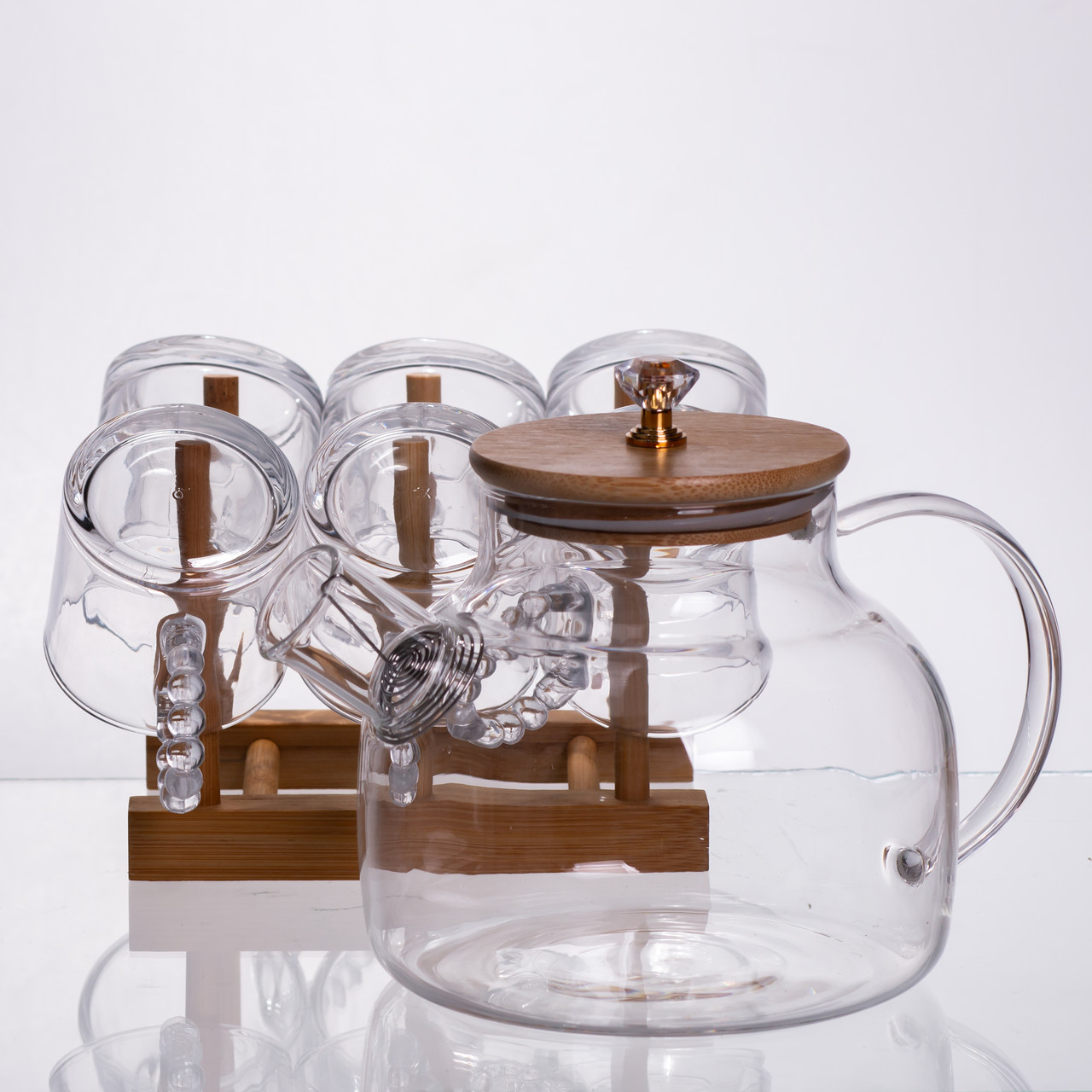 Чайний сервіз із товстого скла 8 предметів з бамбуковою підставкою для чашок 64486-23