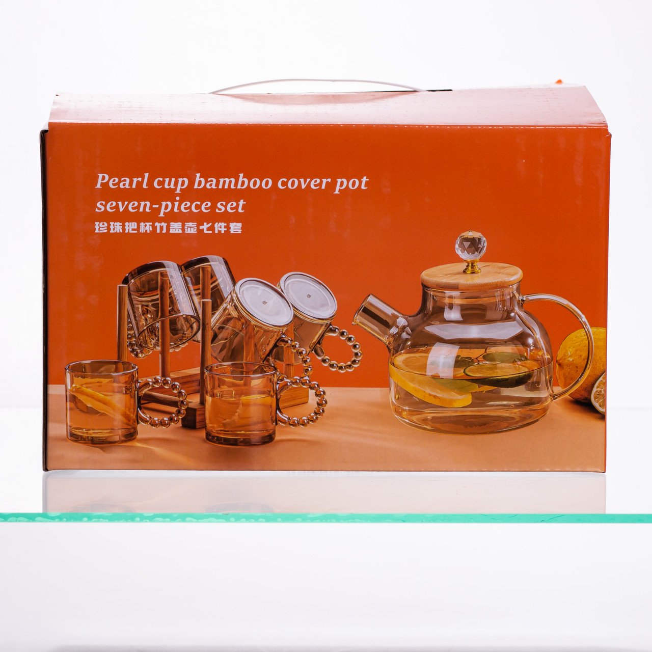 Чайний сервіз із товстого скла 8 предметів з бамбуковою підставкою для чашок 64486-23