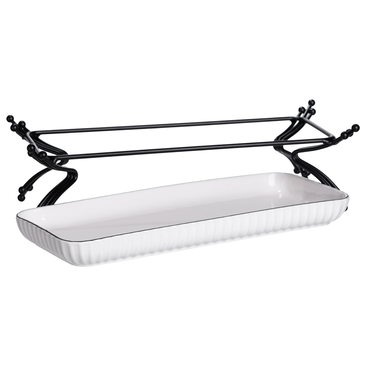 Порцелянове блюдо для сервірування на металевій підставці 29,5×12×9 (см) Біле з чорним LB-1565B