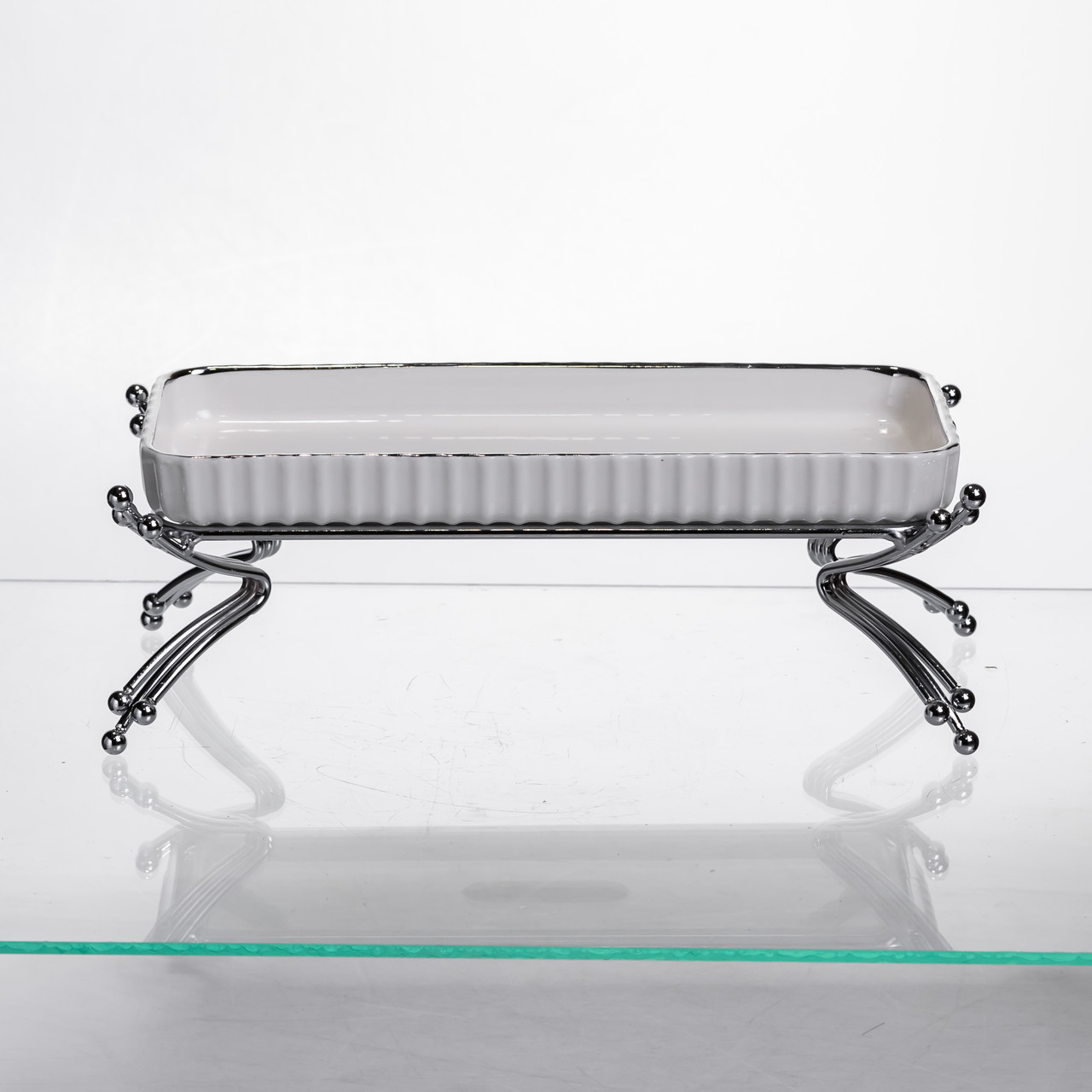 Порцелянове блюдо для сервірування на металевій підставці 37×18×5 (см) блюдо для подачі закусок Білий зі сріблом LB-1566S