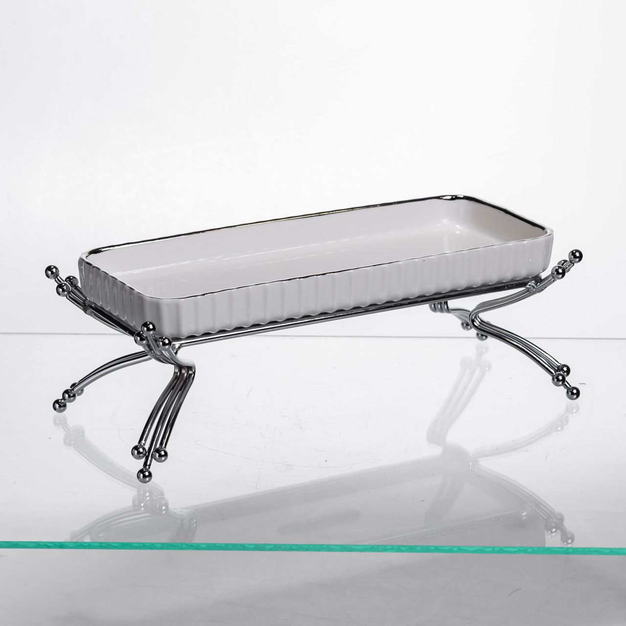 Порцелянове блюдо для сервірування на металевій підставці 37×18×5 (см) блюдо для подачі закусок Білий зі сріблом LB-1566S