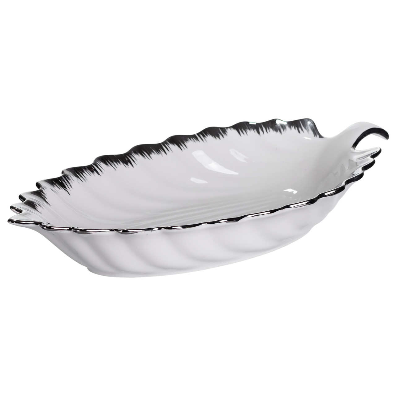 Порцелянове блюдо для сервірування столу у формі листа 41×20×6,5 (см) Біле зі сріблом 2551-1S