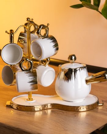 Кавовий сервіз на підставці з туркою 450 (мл) 6 чашок по 90 (мл) подарунковий набір чашок на підставці Білий із золотом FM-JJ-3