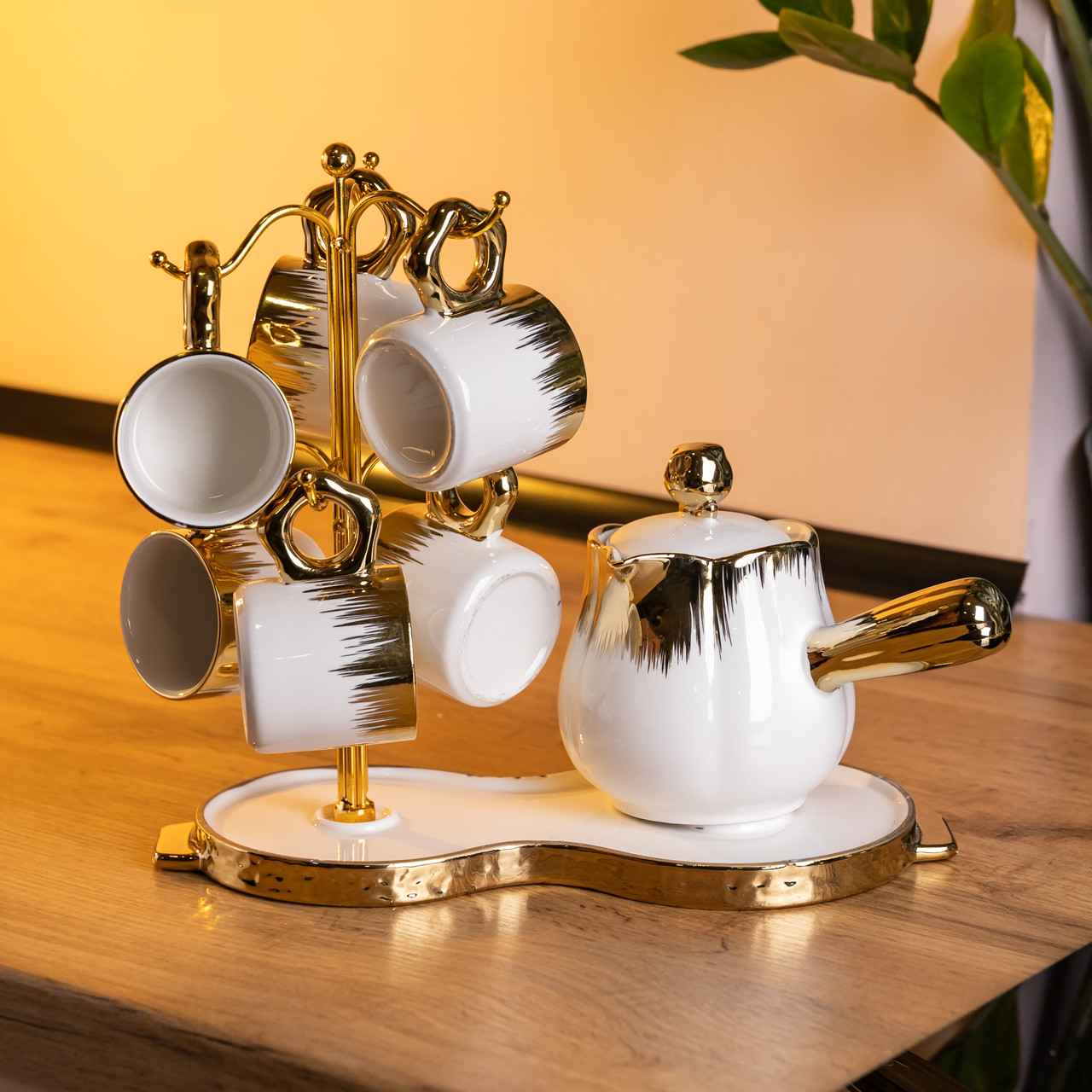 Кавовий сервіз на підставці з туркою 450 (мл) 6 чашок по 90 (мл) подарунковий набір чашок на підставці Білий із золотом FM-JJ-3