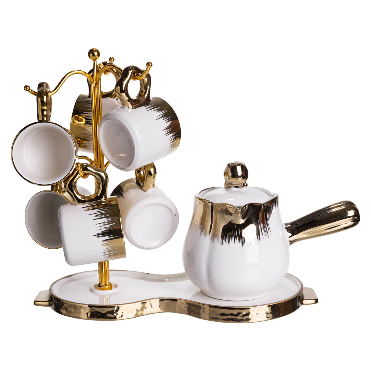 Кавовий сервіз на підставці з туркою 450 (мл) 6 чашок по 90 (мл) подарунковий набір чашок на підставці Білий із золотом FM-JJ-3