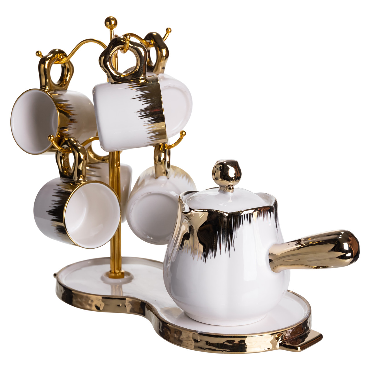 Кавовий сервіз на підставці з туркою 450 (мл) 6 чашок по 90 (мл) подарунковий набір чашок на підставці Білий із золотом FM-JJ-3