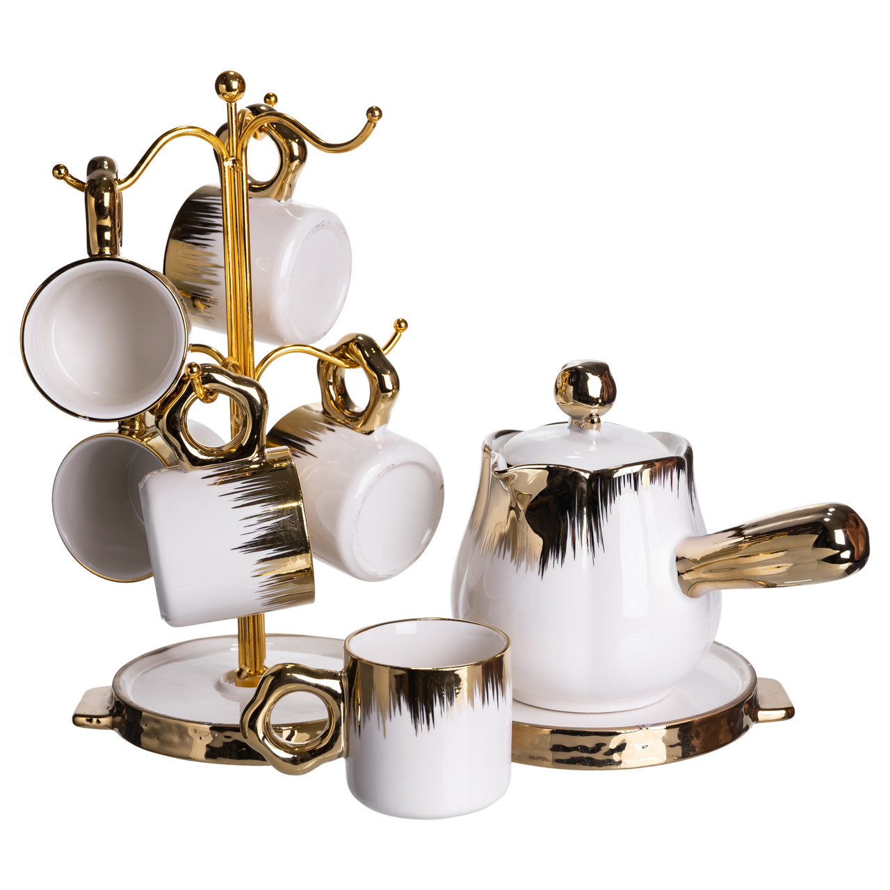 Кавовий сервіз на підставці з туркою 450 (мл) 6 чашок по 90 (мл) подарунковий набір чашок на підставці Білий із золотом FM-JJ-3