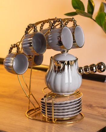 Кавовий сервіз на підставці з туркою 450 (мл) 6 чашок по 90 (мл) подарунковий набір чашок на підставці Сірий із золотом FM-JJ-4