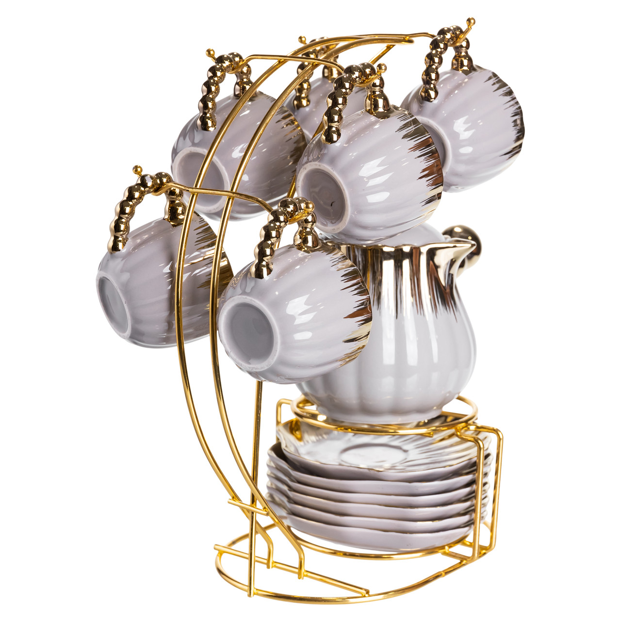 Кавовий сервіз на підставці з туркою 450 (мл) 6 чашок по 90 (мл) подарунковий набір чашок на підставці Сірий із золотом FM-JJ-4