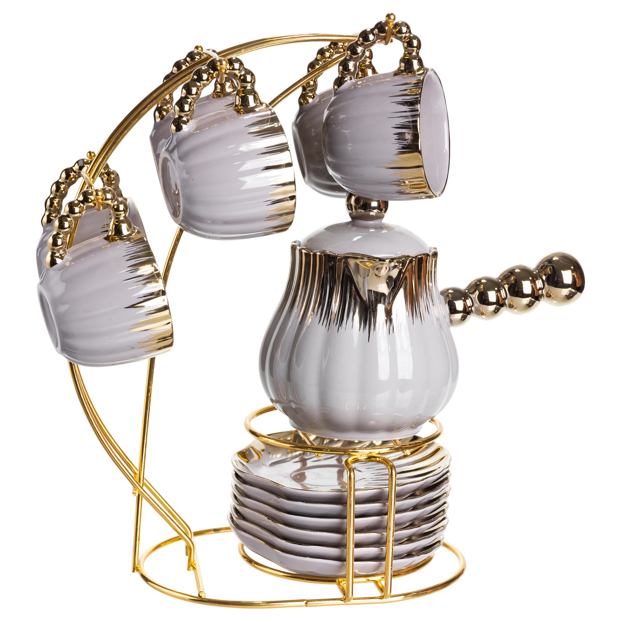 Кавовий сервіз на підставці з туркою 450 (мл) 6 чашок по 90 (мл) подарунковий набір чашок на підставці Сірий із золотом FM-JJ-4