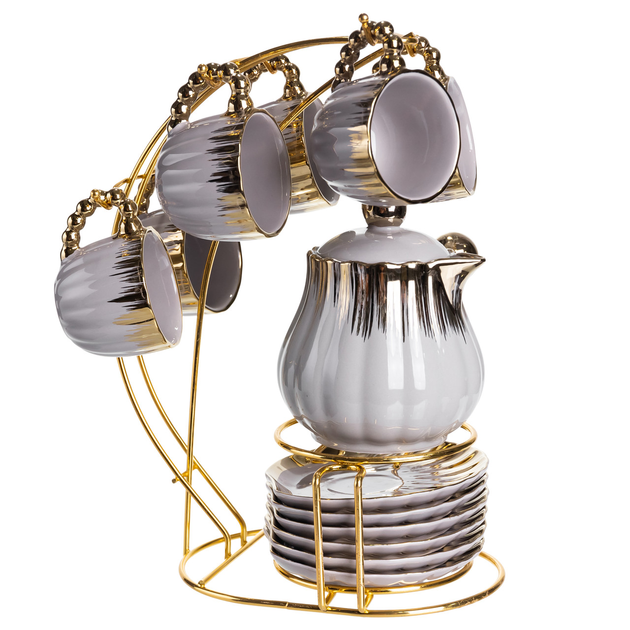 Кавовий сервіз на підставці з туркою 450 (мл) 6 чашок по 90 (мл) подарунковий набір чашок на підставці Сірий із золотом FM-JJ-4