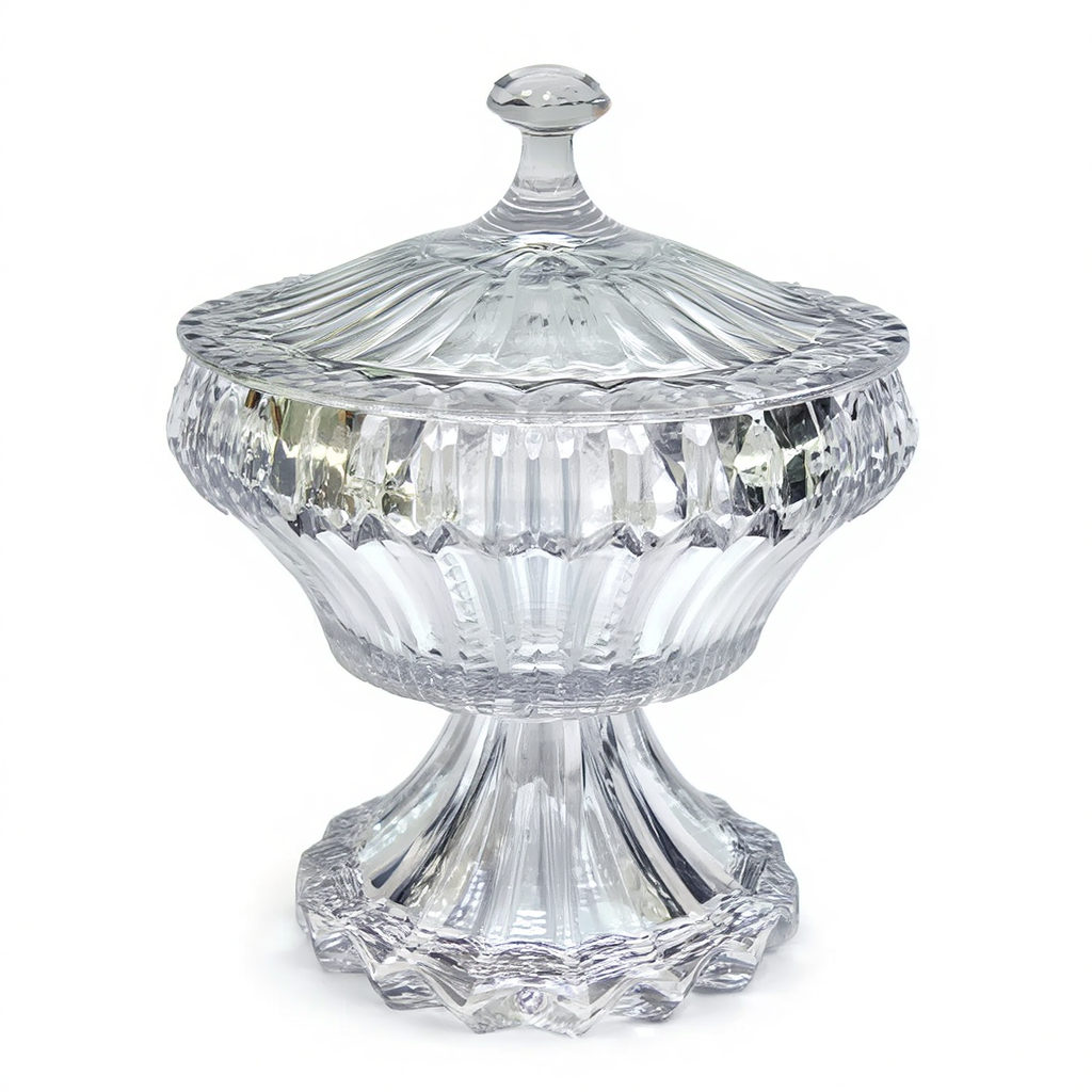 Цукерниця скляна кругла на ніжці, прозоре скло, діаметр 17 см, висота 27 см, висота ніжки 10 см HP-19-140RB