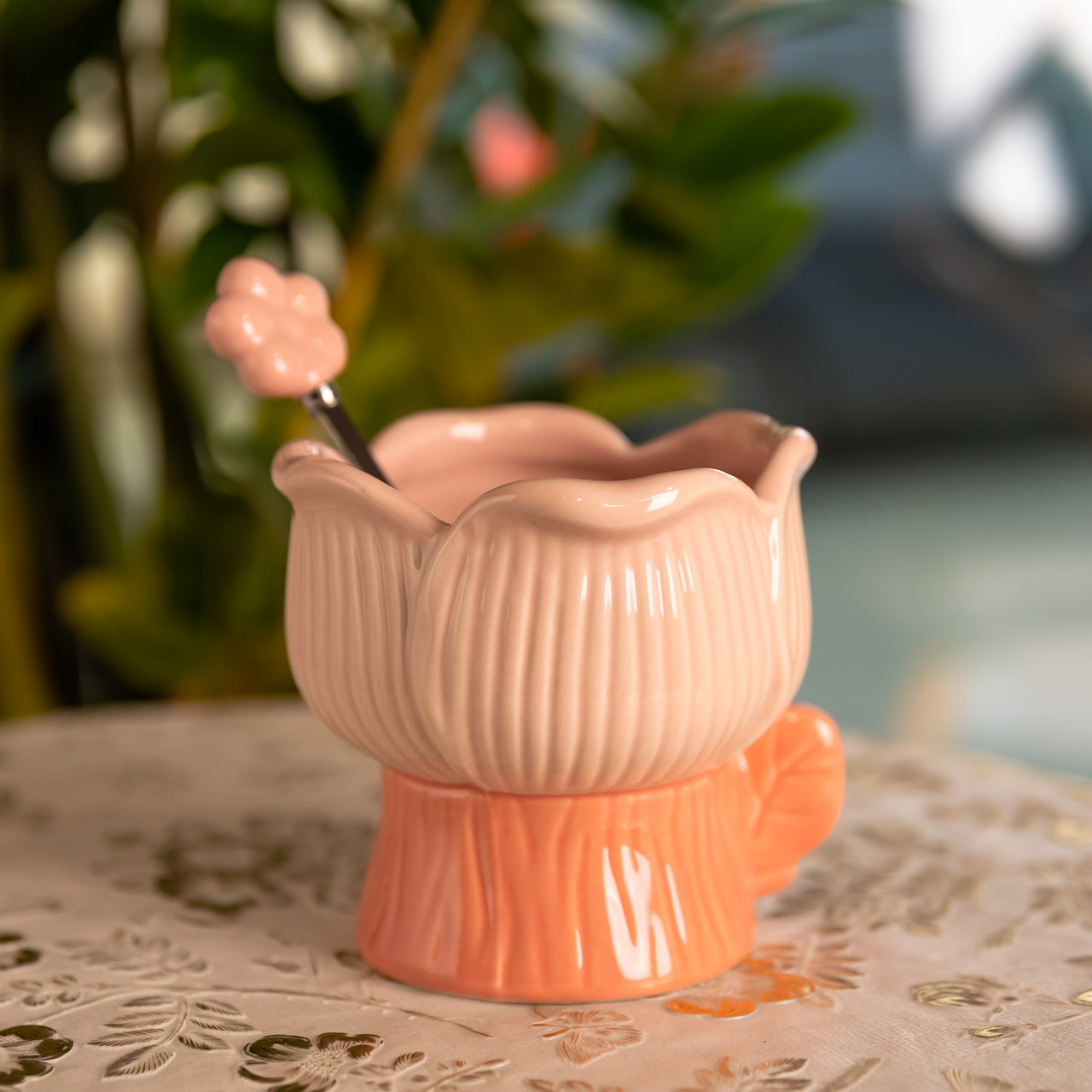 Креманка порцелянова з ложкою у формі квітки 300 (мл) креманка для десертів, морозива та желе Рожевий FM-42P