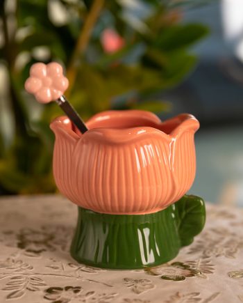 Креманка порцелянова з ложкою у формі квітки 300 (мл) креманка для десертів, морозива та желе Зелений з рожевим FM-42GR