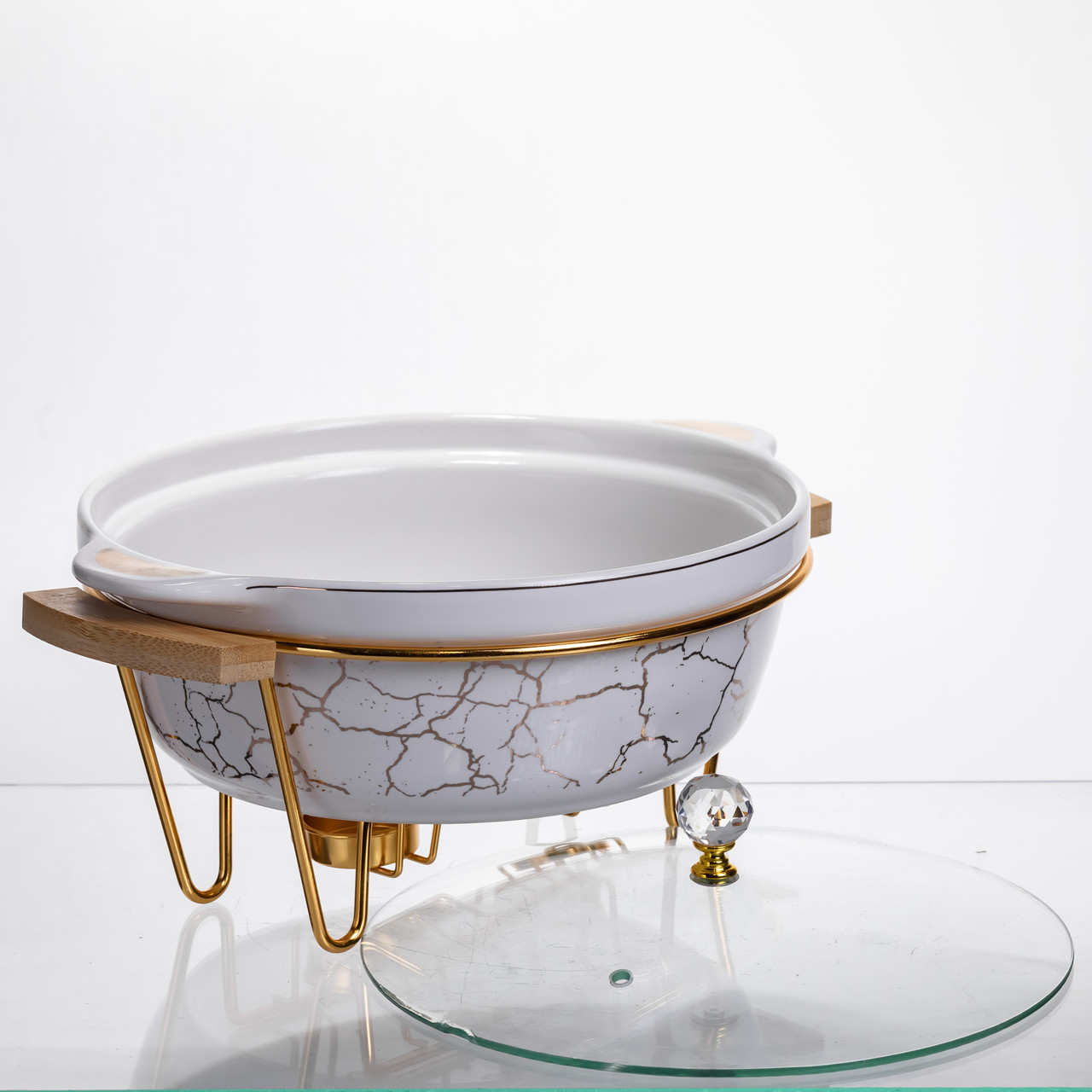 Марміт порцеляновий настільний круглий 2 (л) з підігрівом Білий мармур LC-712