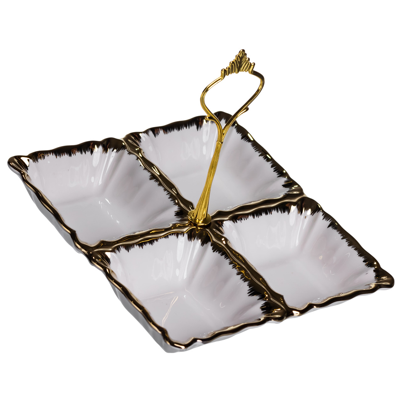 Менажниця порцелянова на 4 секції для закусок тарілка менажниця 18×18×3 (см) менажниця з ручкою Білий з золотом LC-BYL-100