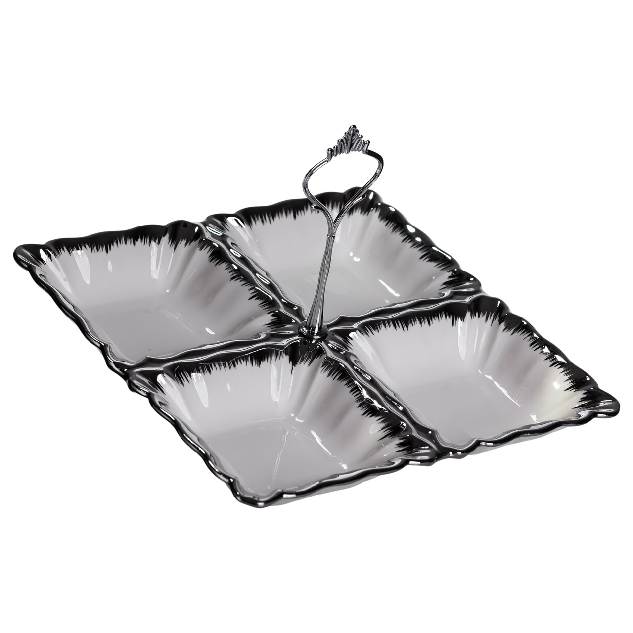 Менажниця порцелянова на 4 секції 22.5×22.5×3 (см) з ручкою Білий зі сріблом LC-BYL-101-S