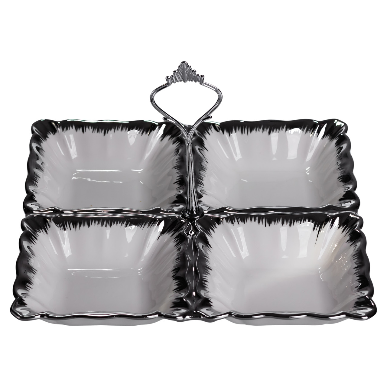 Менажниця порцелянова на 4 секції 22.5×22.5×3 (см) з ручкою Білий зі сріблом LC-BYL-101-S