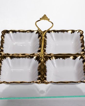 Менажниця порцелянова на 4 секції для закусок тарілка менажниця 22.5×22.5×3 (см) менажниця з ручкою Білий з золотом LC-BYL-101