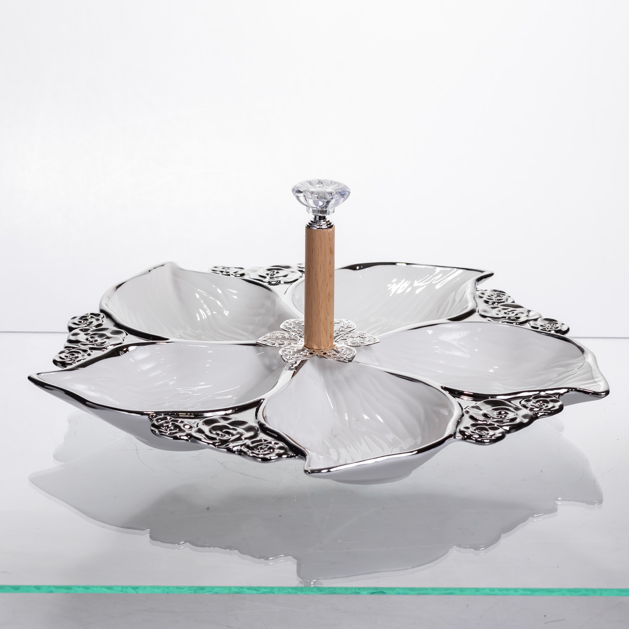 Менажниця порцелянова на 5 секцій для закусок тарілка менажниця 30×30×13 (см) Білий з сріблом 918-44S