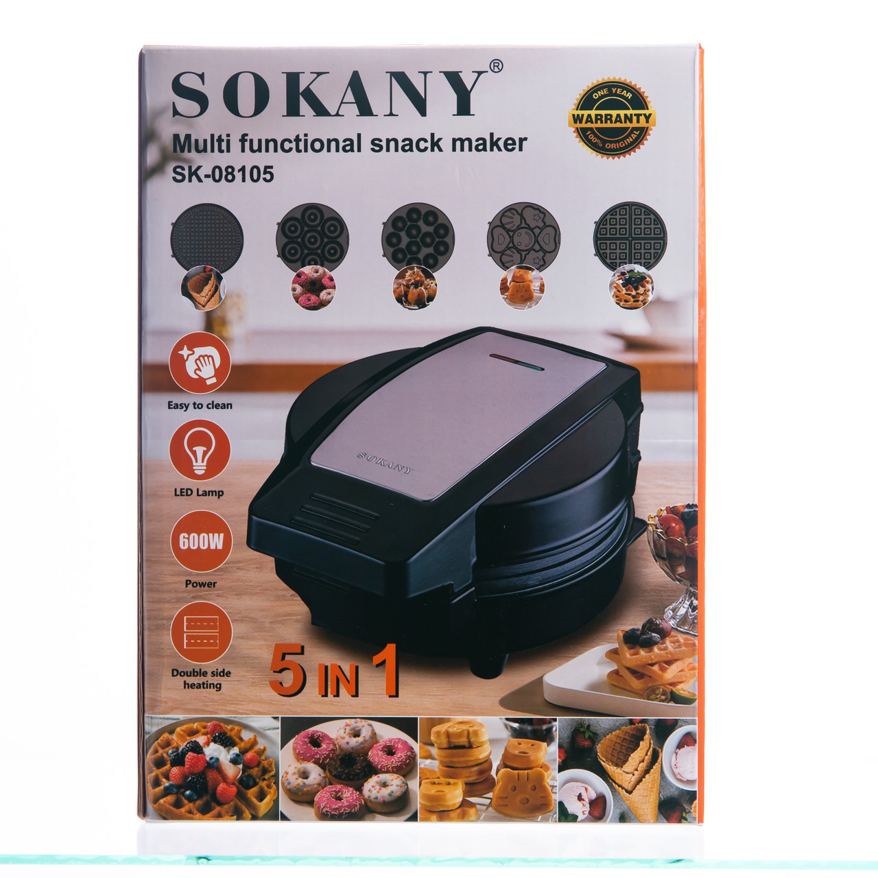 Мультипекар Sokany SK-08105 5 в 1 600 Вт з антипригарними панелями: для вафель, коржів, пончиків, горішків, фігурного печива