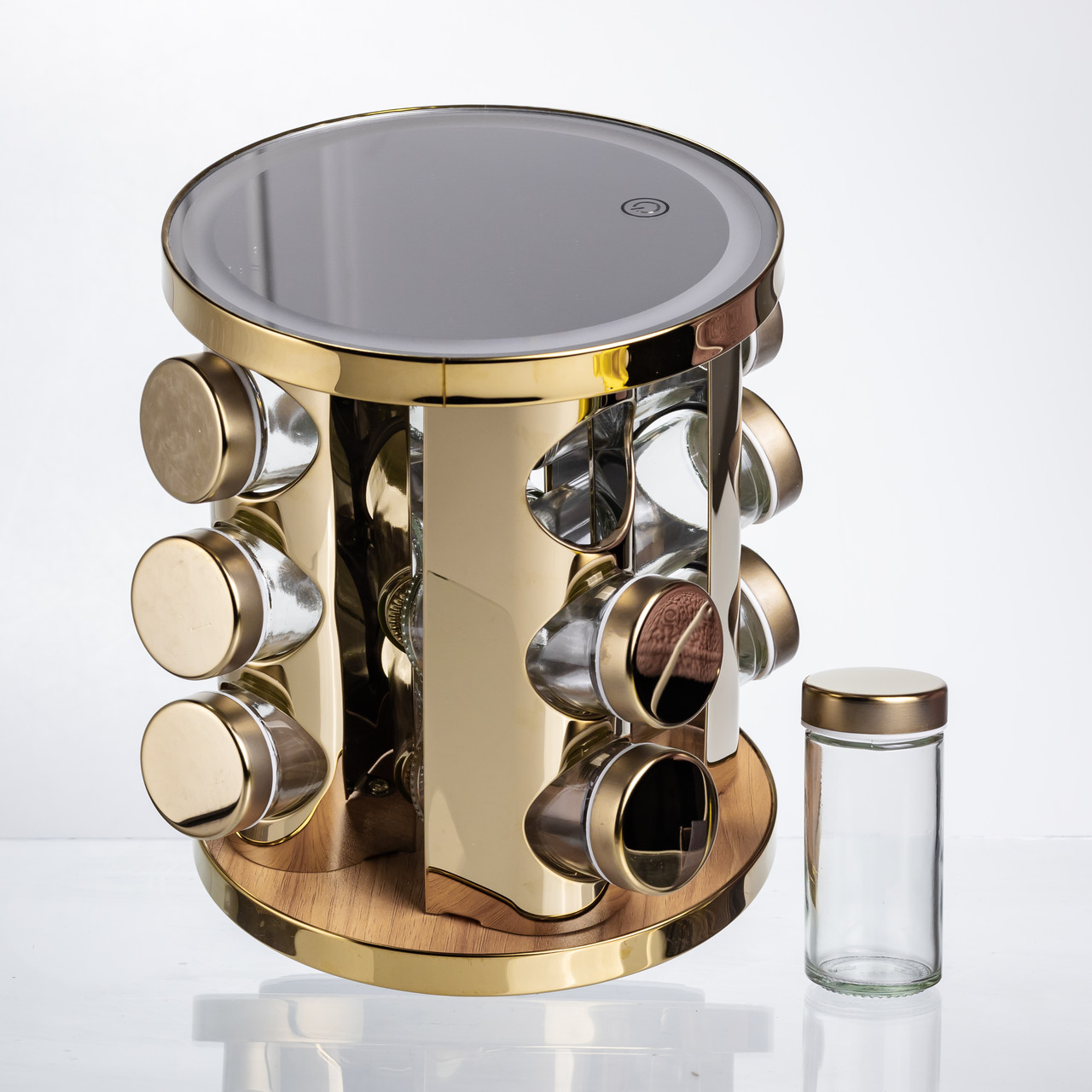 Набір баночок для спецій 12 шт. по 100 мл на підставці з дзеркалом та LED-підсвіткою HP-1358