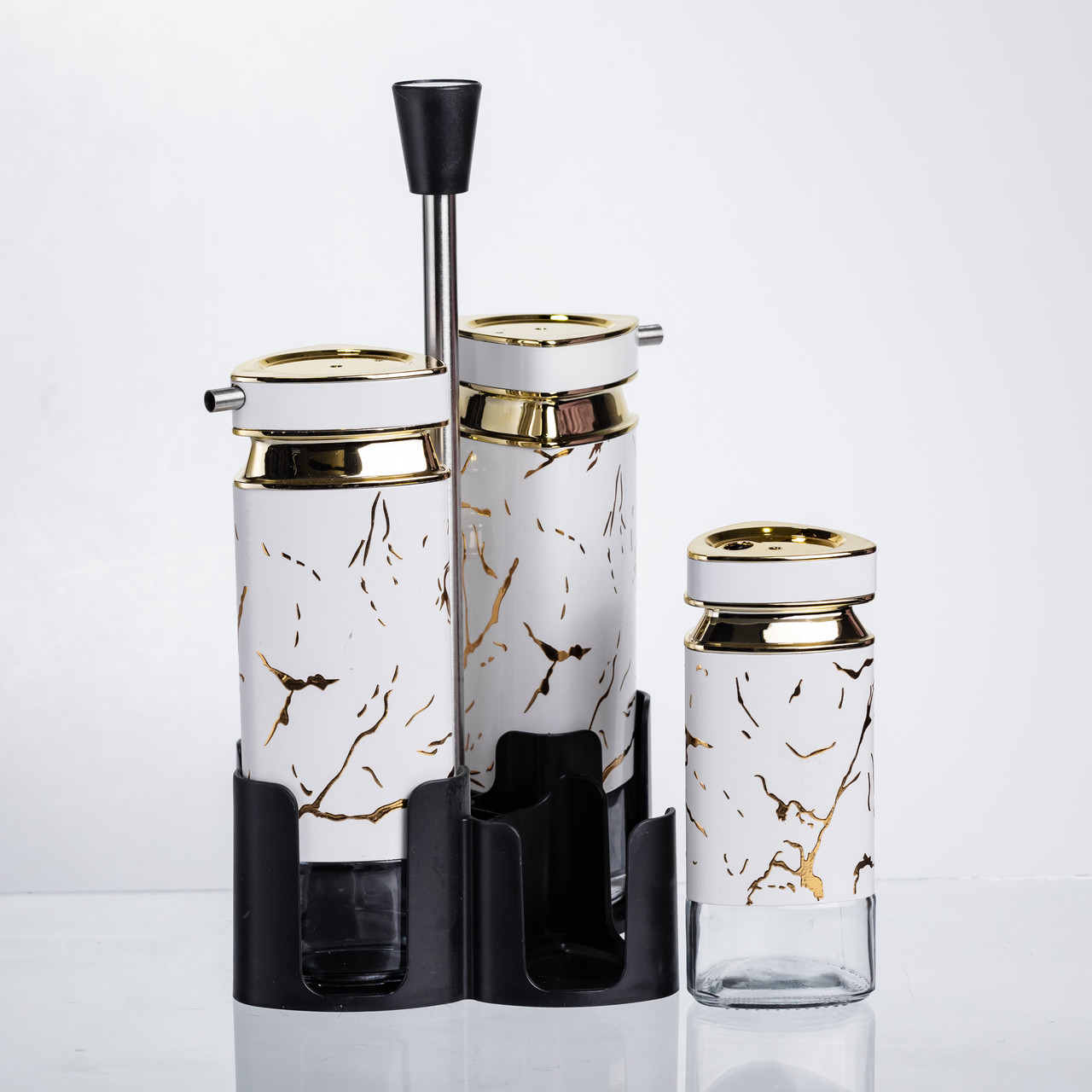 Набір баночок для спецій і рідких текстур 4 предмети на підставці білий мармур HP-1331
