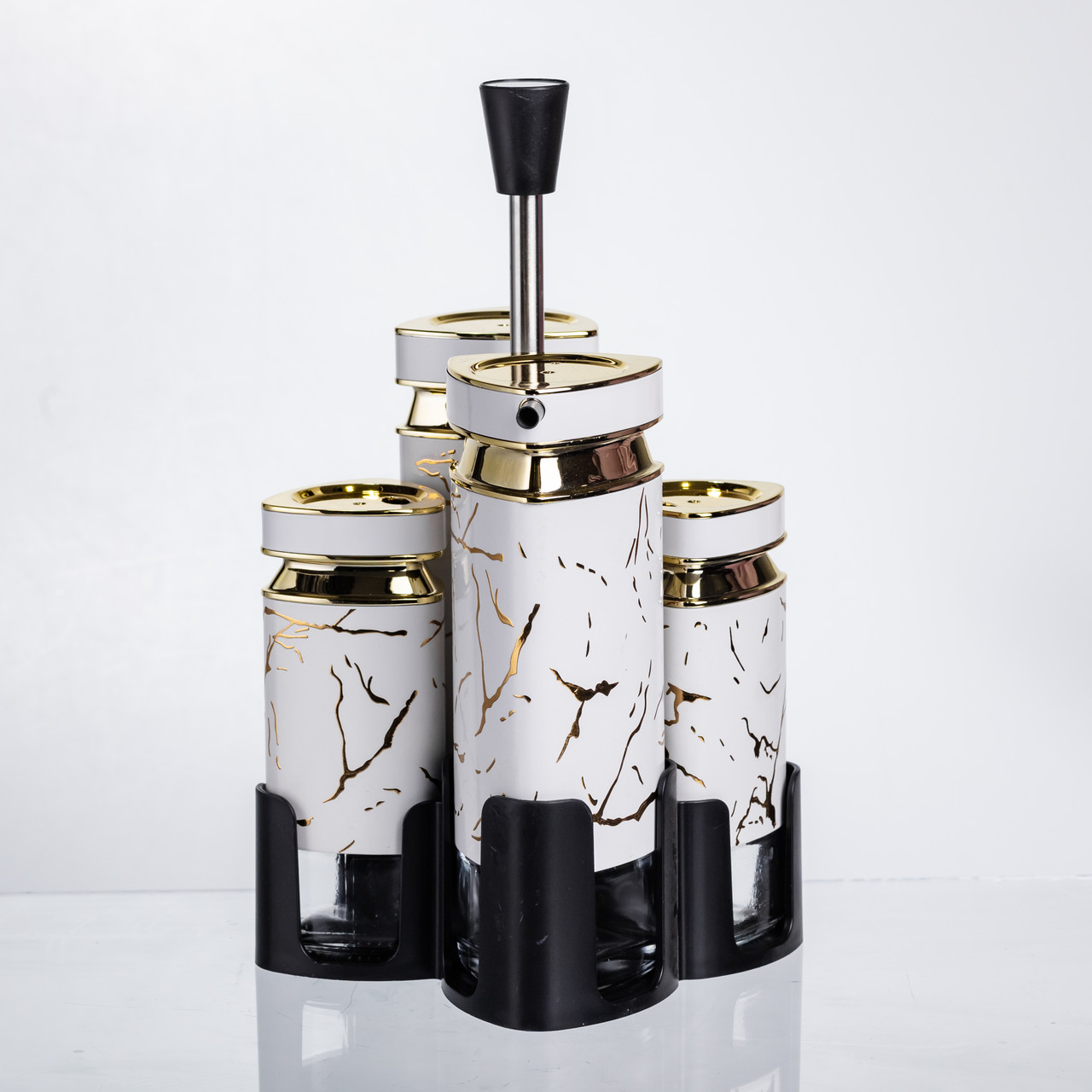 Набір баночок для спецій і рідких текстур 4 предмети на підставці білий мармур HP-1331