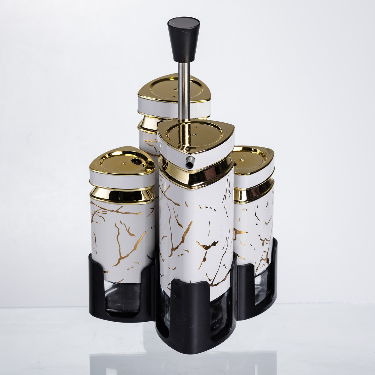 Набір баночок для спецій і рідких текстур 4 предмети на підставці білий мармур HP-1331