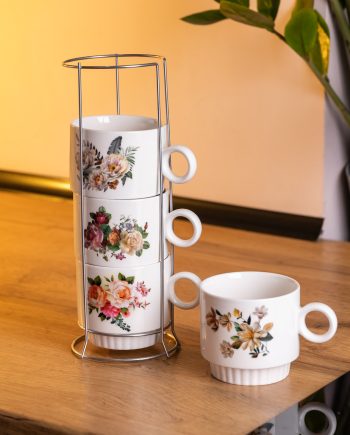 Набір чашок для чаю та кави на металевій підставці Flower 4 (шт) по 300 (мл) подарунковий набір порцелянових чашок FM-7
