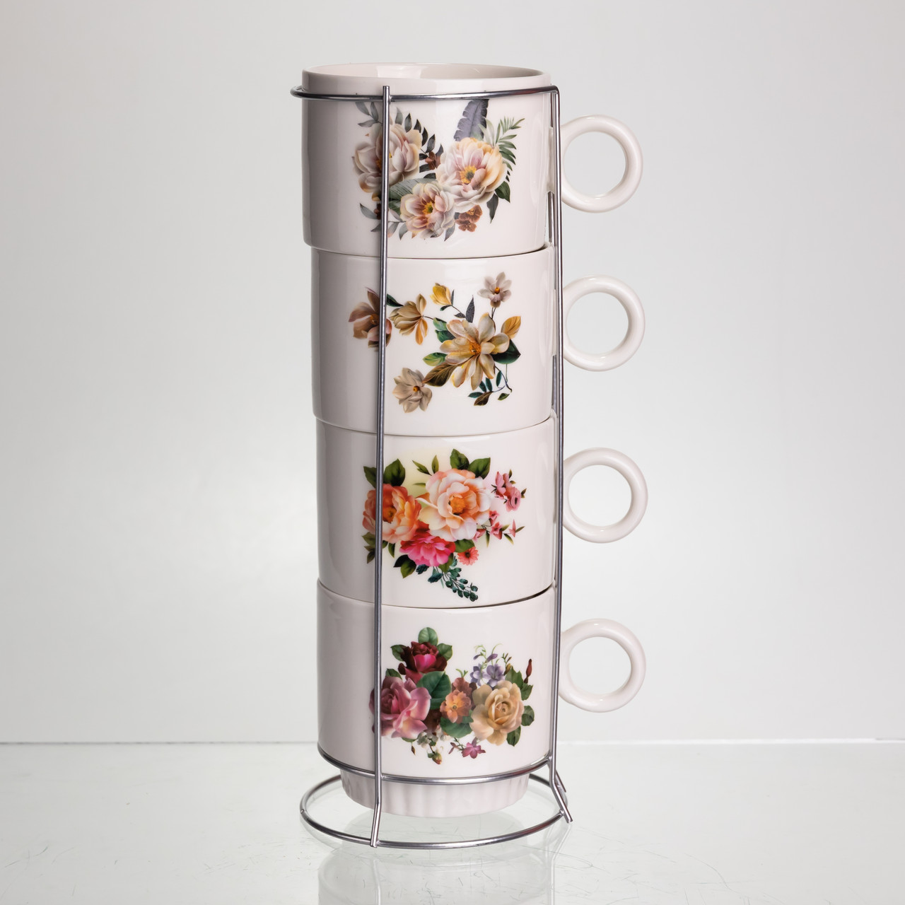 Набір чашок для чаю та кави на металевій підставці Flower 4 (шт) по 300 (мл) подарунковий набір порцелянових чашок FM-7