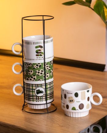 Набір чашок для чаю та кави на металевій підставці Lucky 4 (шт) по 300 (мл) подарунковий набір порцелянових чашок FM-16