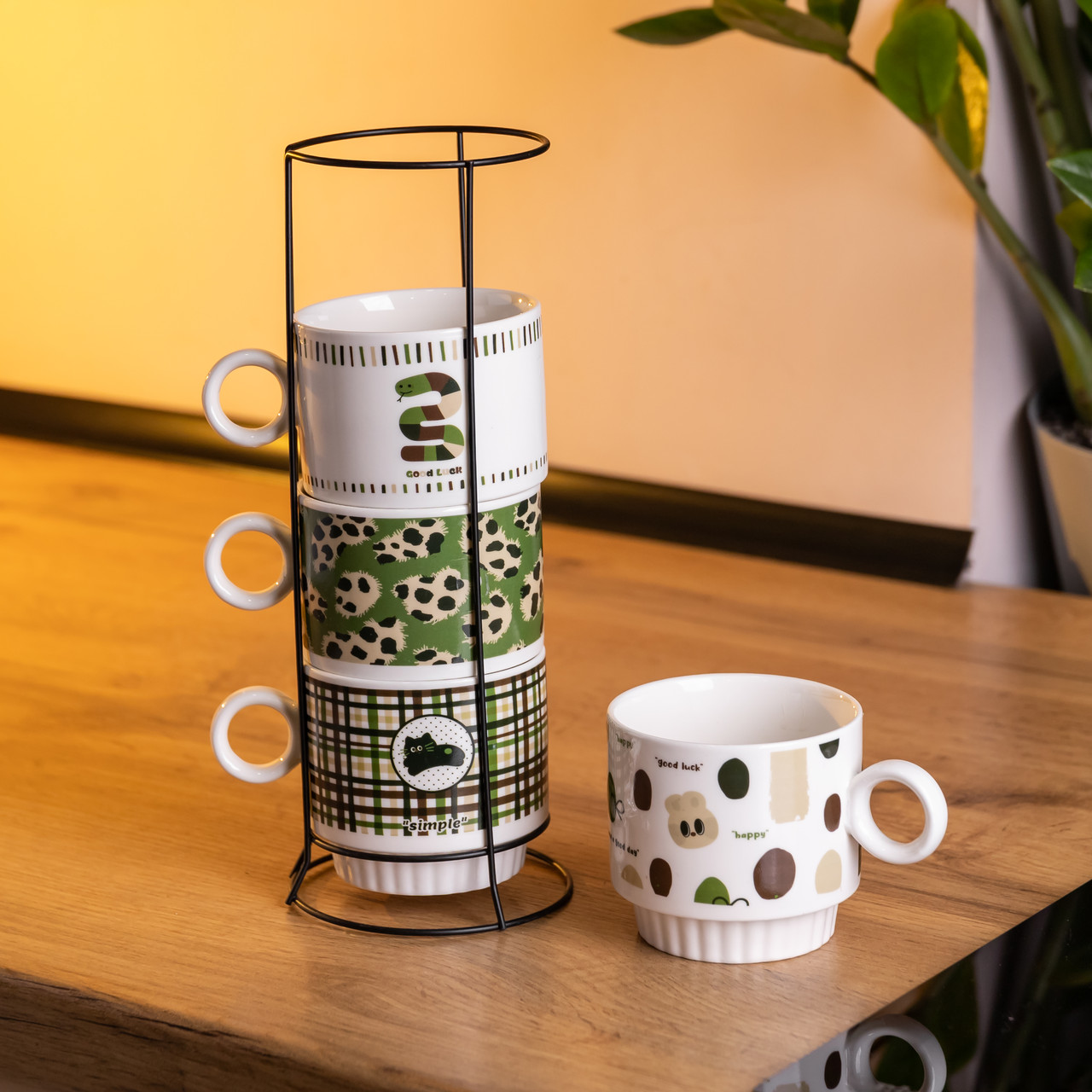 Набір чашок для чаю та кави на металевій підставці Lucky 4 (шт) по 300 (мл) подарунковий набір порцелянових чашок FM-16