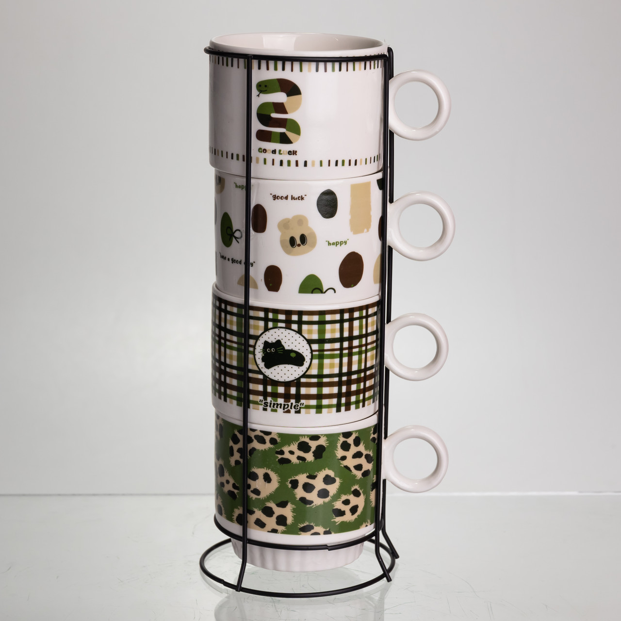 Набір чашок для чаю та кави на металевій підставці Lucky 4 (шт) по 300 (мл) подарунковий набір порцелянових чашок FM-16