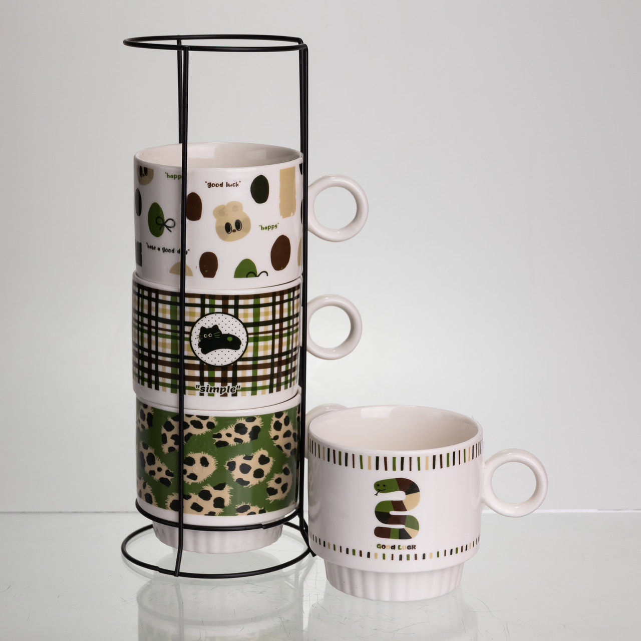 Набір чашок для чаю та кави на металевій підставці Lucky 4 (шт) по 300 (мл) подарунковий набір порцелянових чашок FM-16