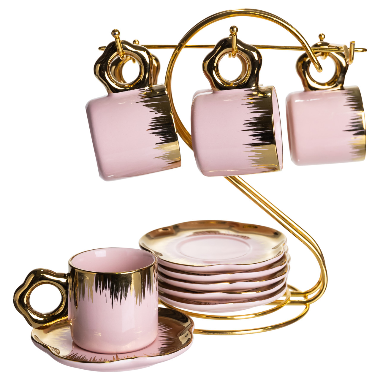 Набір чашок для кави на металевій підставці 6 (шт) по 100 (мл) подарунковий кавовий сервіз набір чашок Розовий із золотом FM-48