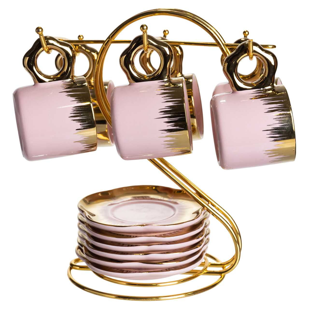 Набір чашок для кави на металевій підставці 6 (шт) по 100 (мл) подарунковий кавовий сервіз набір чашок Розовий із золотом FM-48