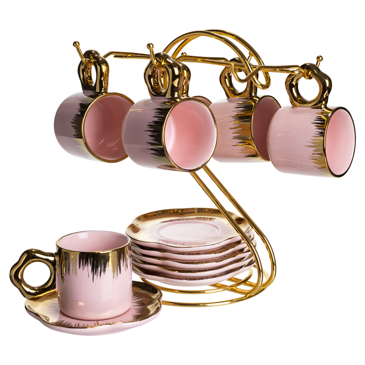 Набір чашок для кави на металевій підставці 6 (шт) по 100 (мл) подарунковий кавовий сервіз набір чашок Розовий із золотом FM-48