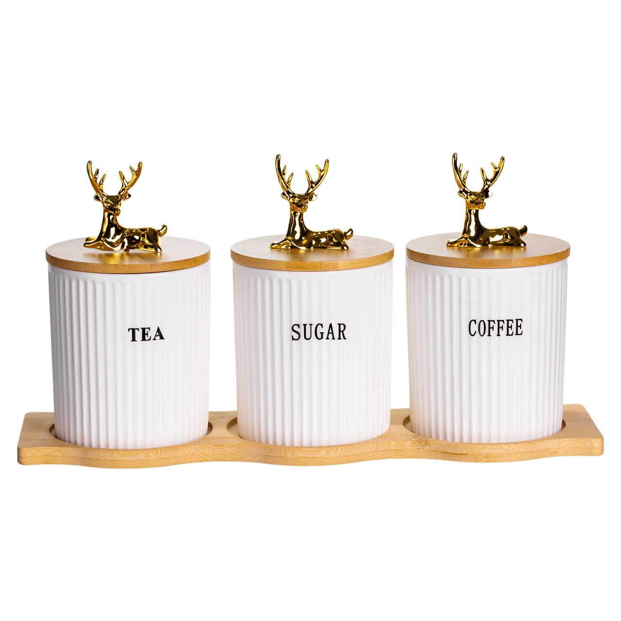 Набір порцелянових банок для сипучіх на бамбуковій підставці 3 шт. по 400 мл для чаю кави цукру SCT-652