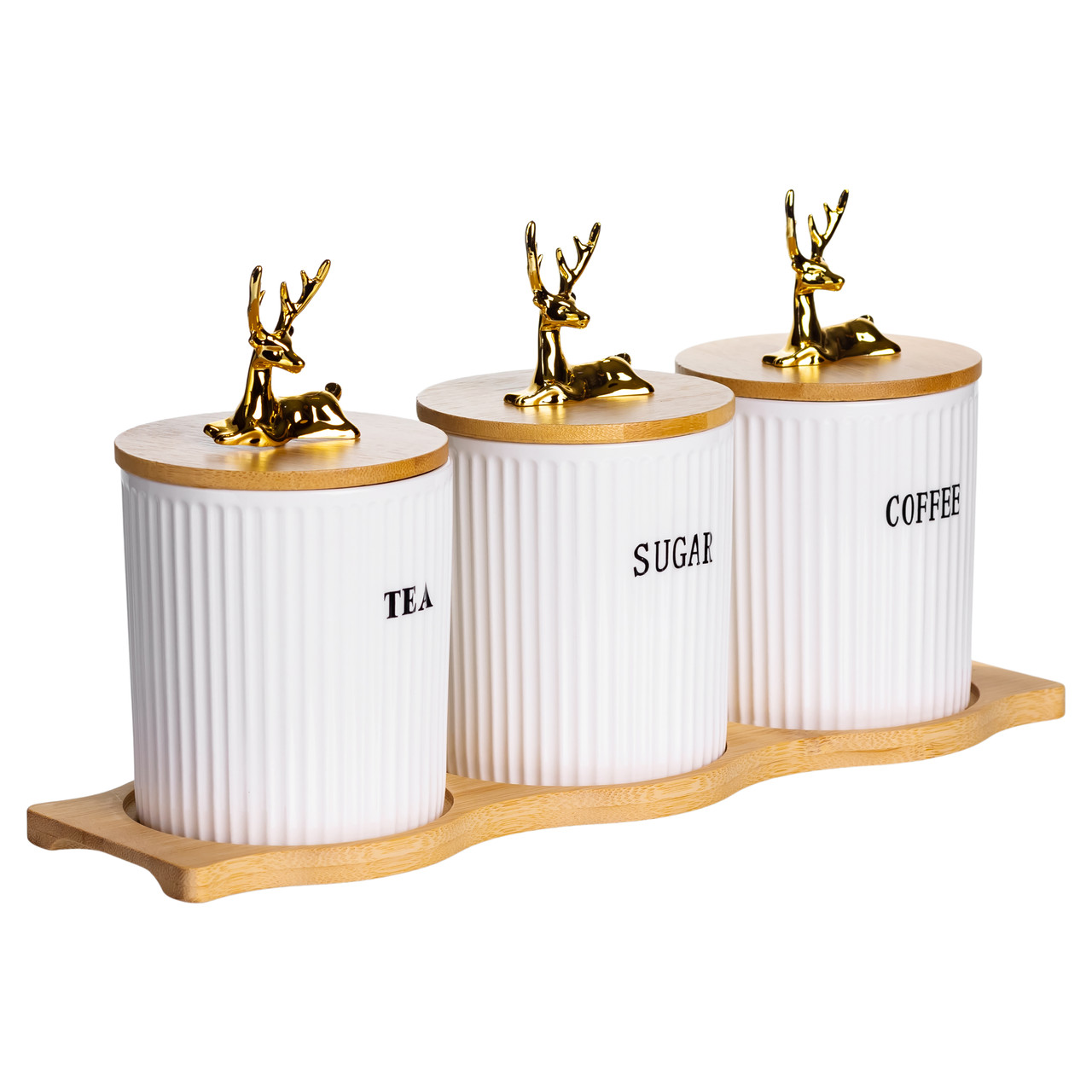 Набір порцелянових банок для сипучіх на бамбуковій підставці 3 шт. по 400 мл для чаю кави цукру SCT-652