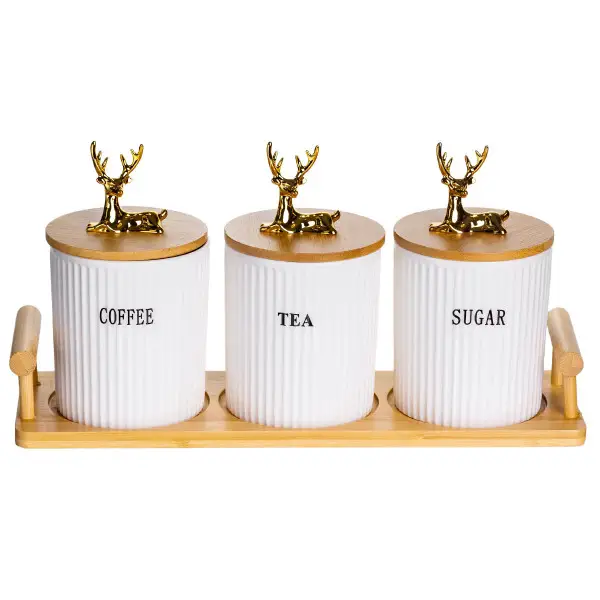 Набір порцелянових банок для сипучих продуктів на підставці з ручками 3 шт по 400 мл SCT-650