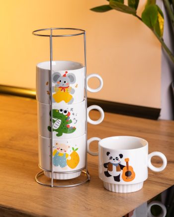 Набір порцелянових чашок для дітей на металевій підставці Animals 4 (шт) по 300 (мл) подарунковий набір чашок FM-8