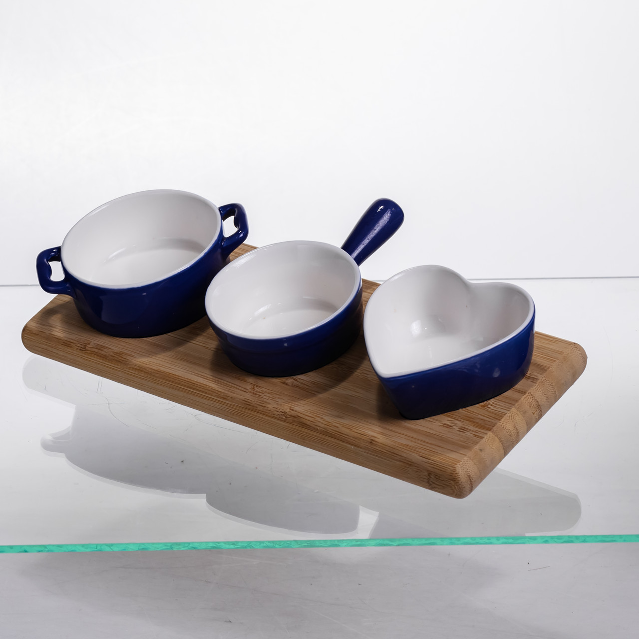 Набір менажниць порцелянових для закусок 3 (шт) по 50 (мл) менажниці на бамбуковій підставці Синій HZ001-B